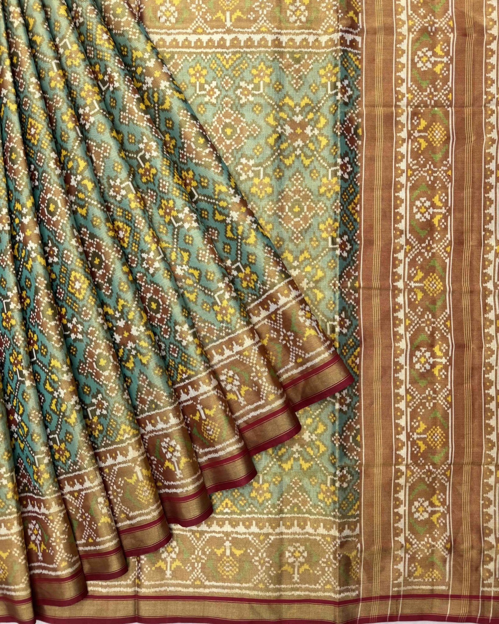 Red & Sea Green Navratan Tissue Patola Saree - SindhoiPatolaArt