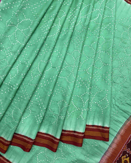 Red & Sea Green Semi Double Ikat Bandhani Patola Saree - SindhoiPatolaArt