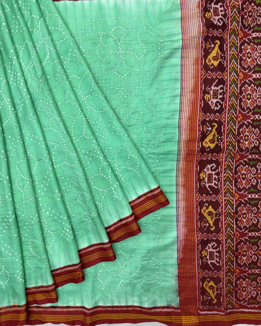 Red & Sea Green Semi Double Ikat Bandhani Patola Saree - SindhoiPatolaArt