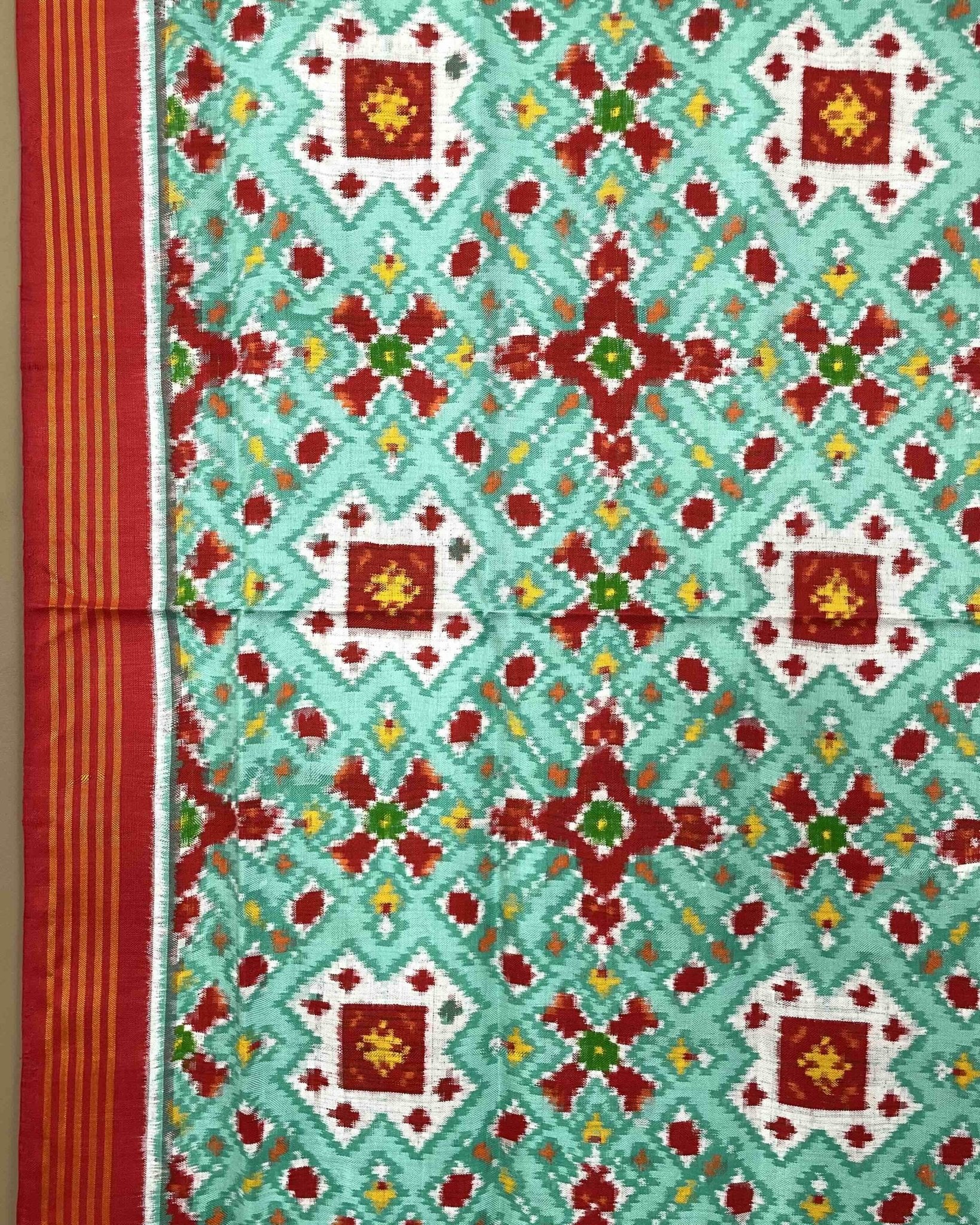 Red & Seagreen Navratan Mix Designer Patola Dupata - SindhoiPatolaArt
