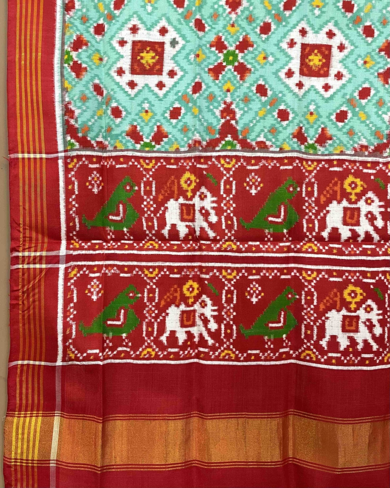 Red & Seagreen Navratan Mix Designer Patola Dupata - SindhoiPatolaArt
