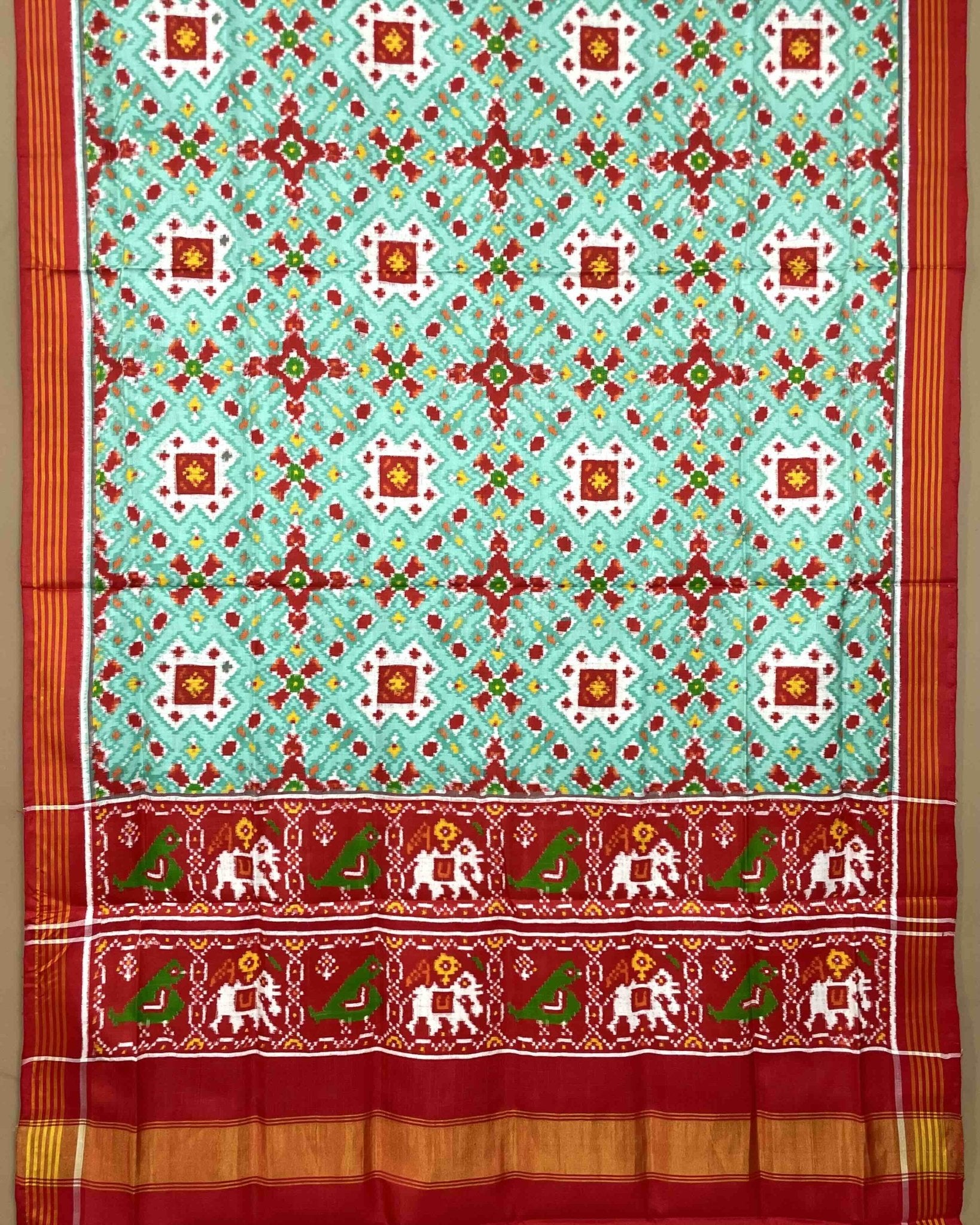 Red & Seagreen Navratan Mix Designer Patola Dupata - SindhoiPatolaArt