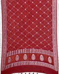 Red Silver Golden Georgette Bandhani Dupatta - SindhoiPatolaArt