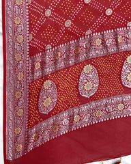 Red Silver Golden Georgette Bandhani Dupatta - SindhoiPatolaArt