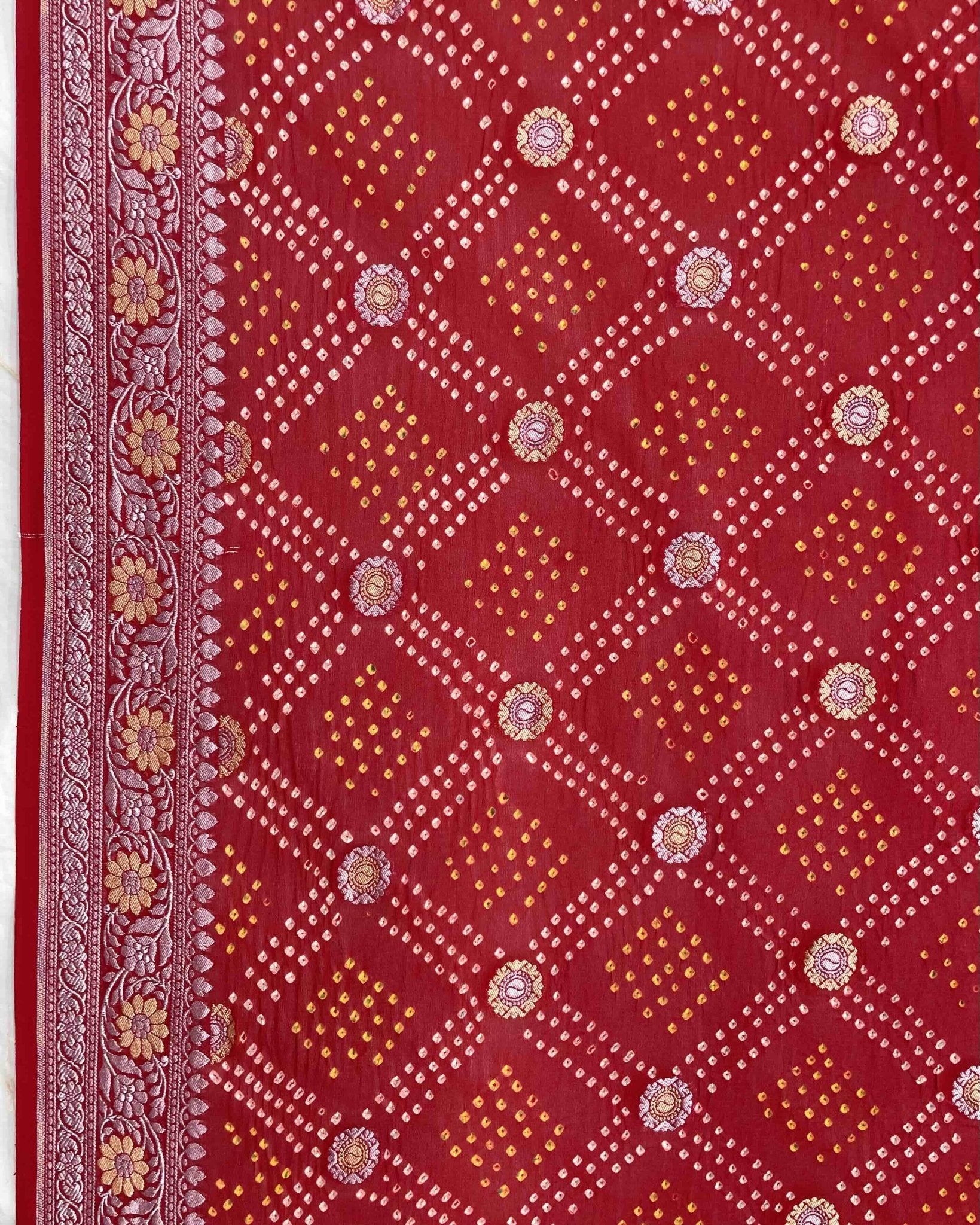 Red Silver Golden Georgette Bandhani Dupatta - SindhoiPatolaArt