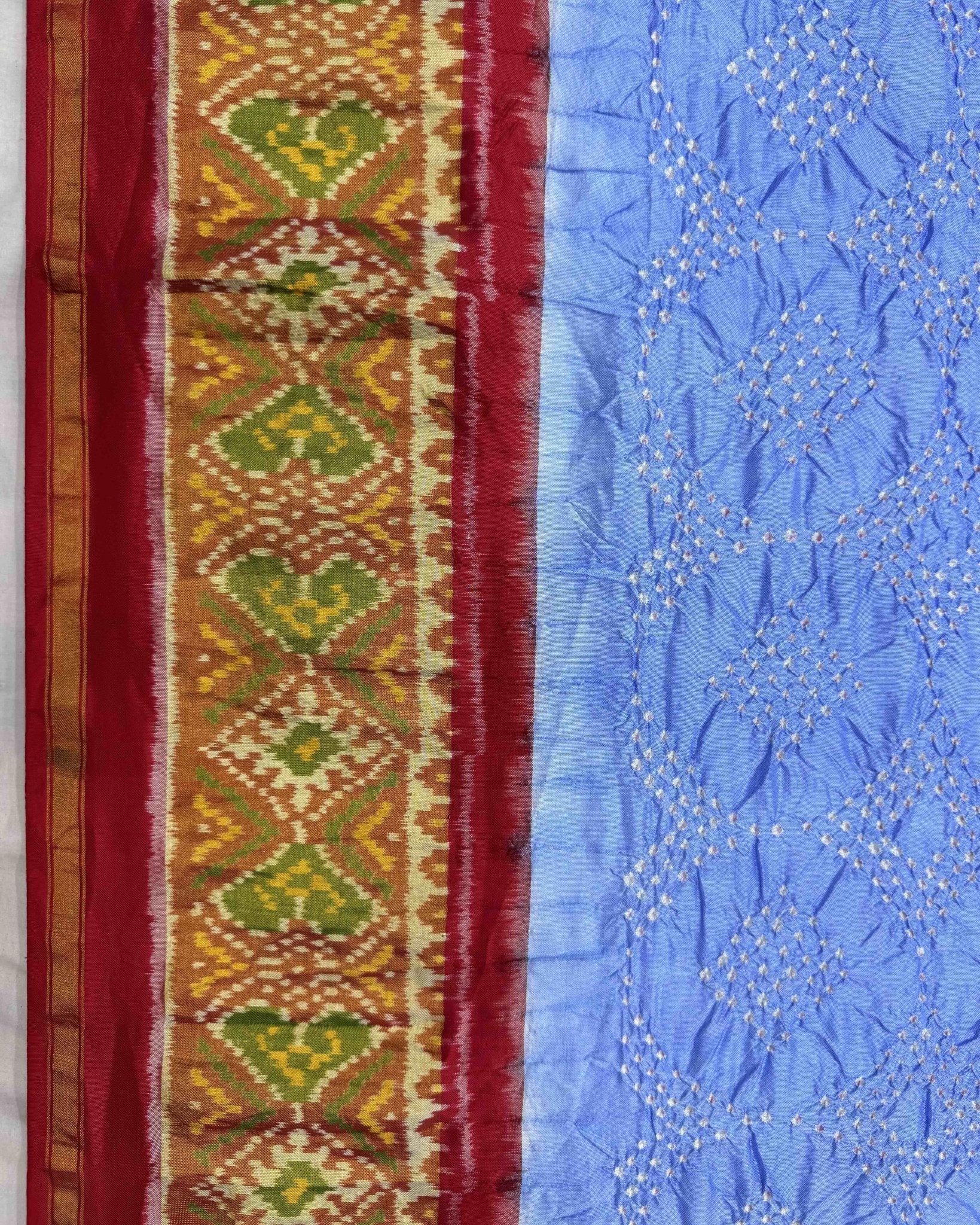 Red & Sky Blue Bandhani Patola Dupatta - SindhoiPatolaArt