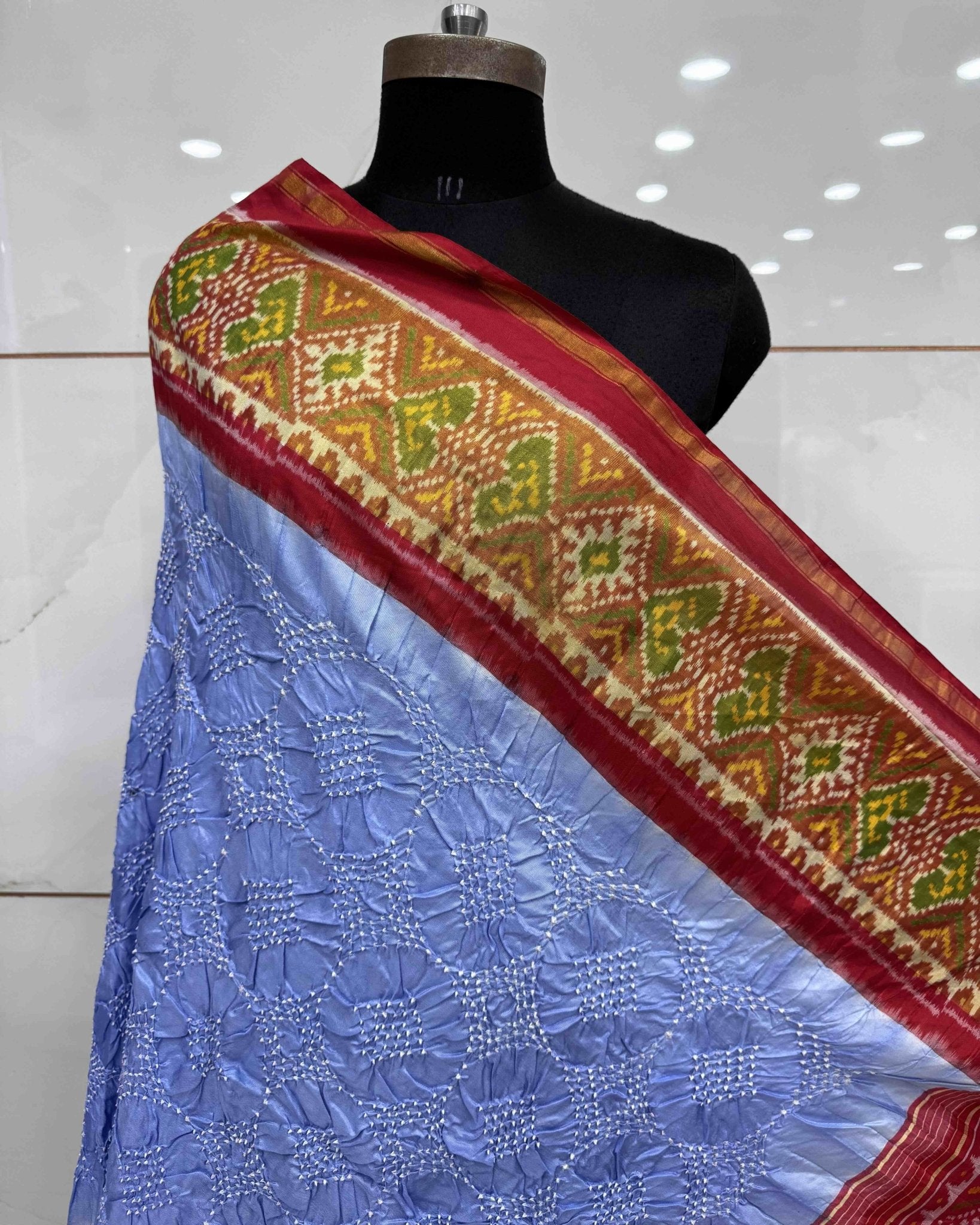 Red & Sky Blue Bandhani Patola Dupatta - SindhoiPatolaArt