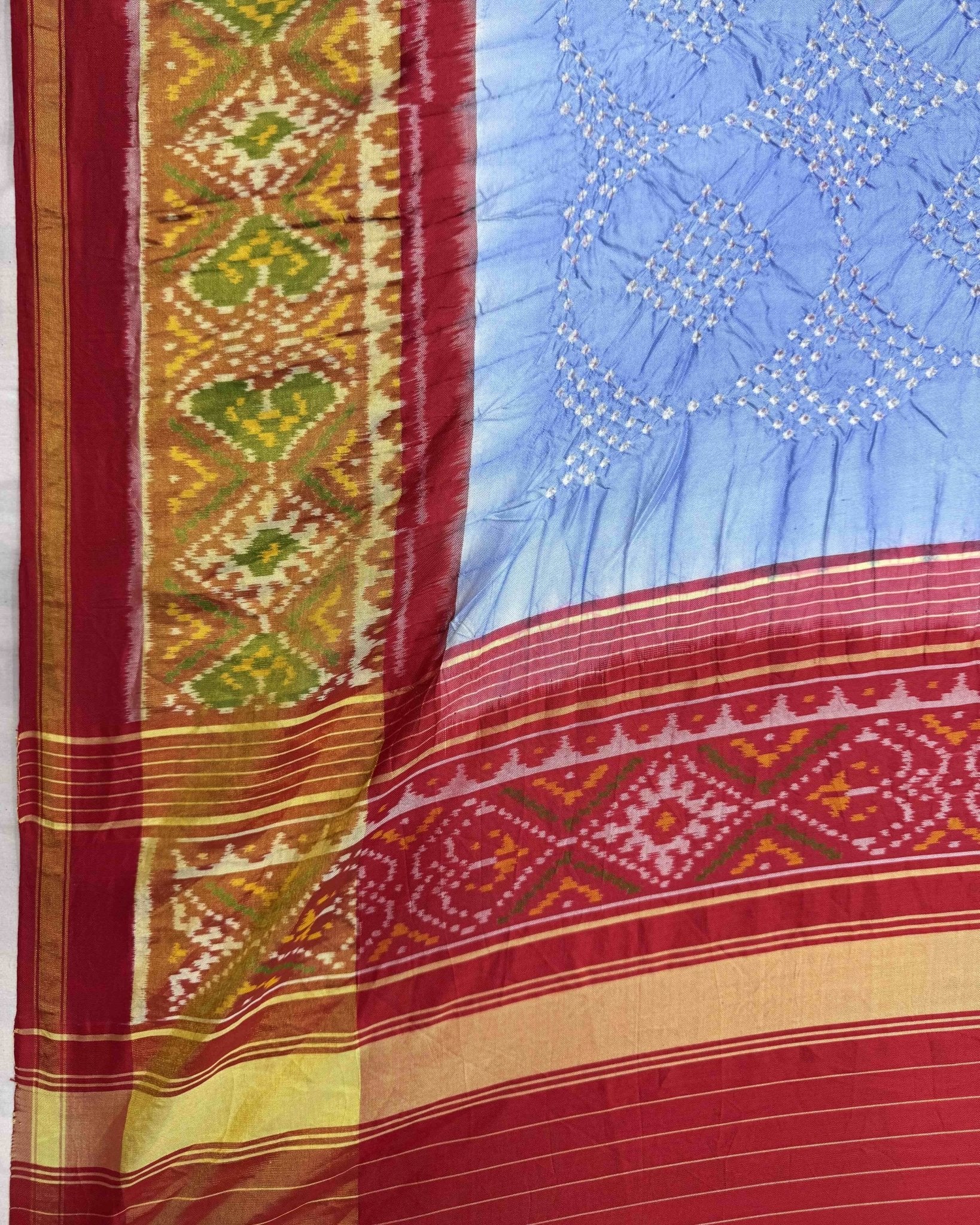 Red & Sky Blue Bandhani Patola Dupatta - SindhoiPatolaArt