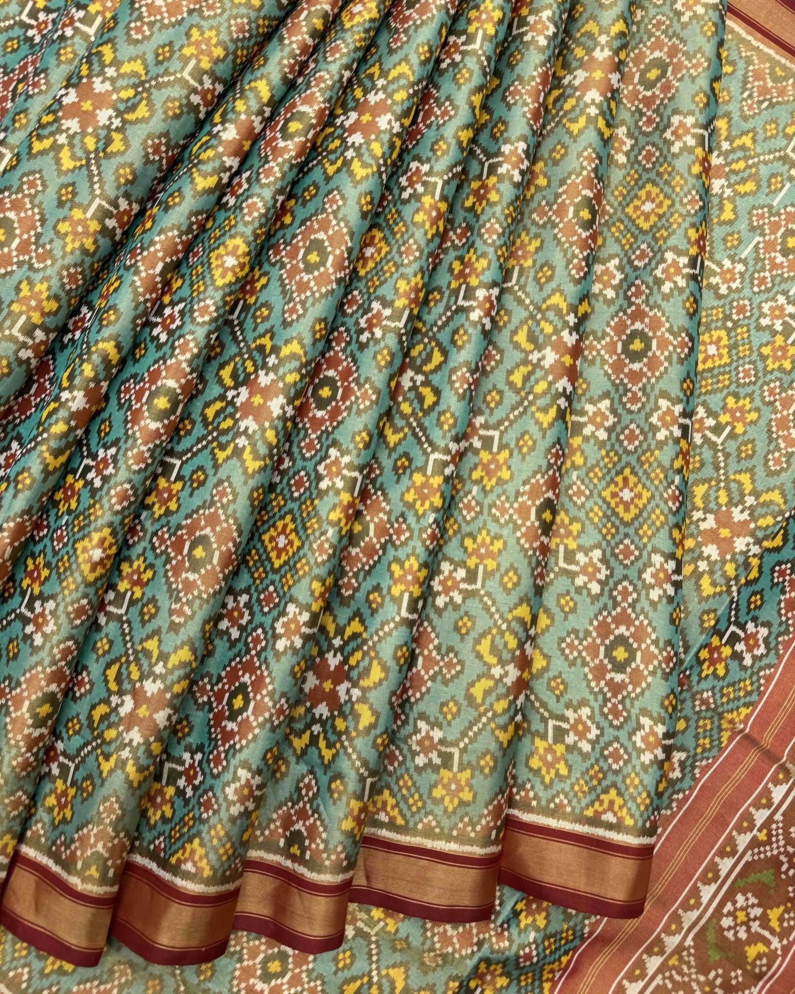 Red & Sky Blue Navratan Tissue Patola Saree - SindhoiPatolaArt