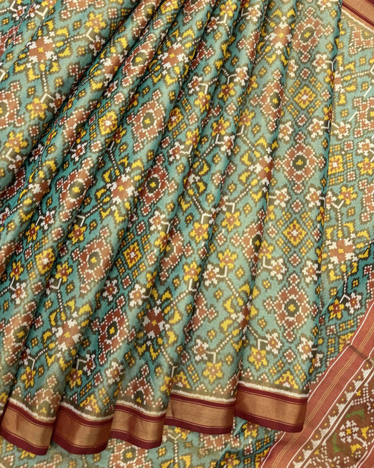 Red & Sky Blue Navratan Tissue Patola Saree - SindhoiPatolaArt