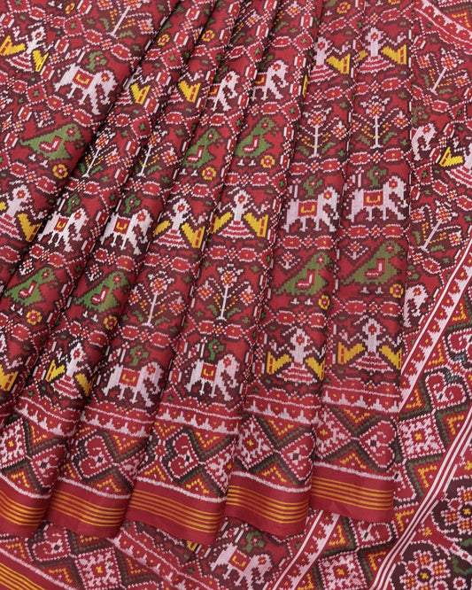 Red Small Figure Narikunj Semi Double Ikat Patola Saree - SindhoiPatolaArt