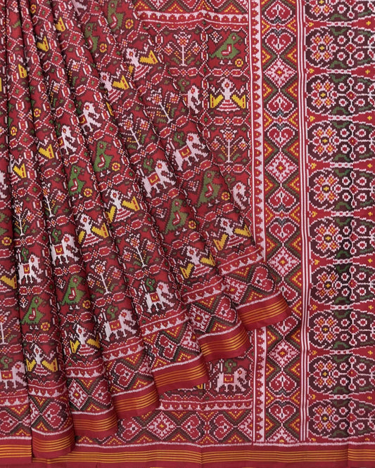 Red Small Figure Narikunj Semi Double Ikat Patola Saree - SindhoiPatolaArt