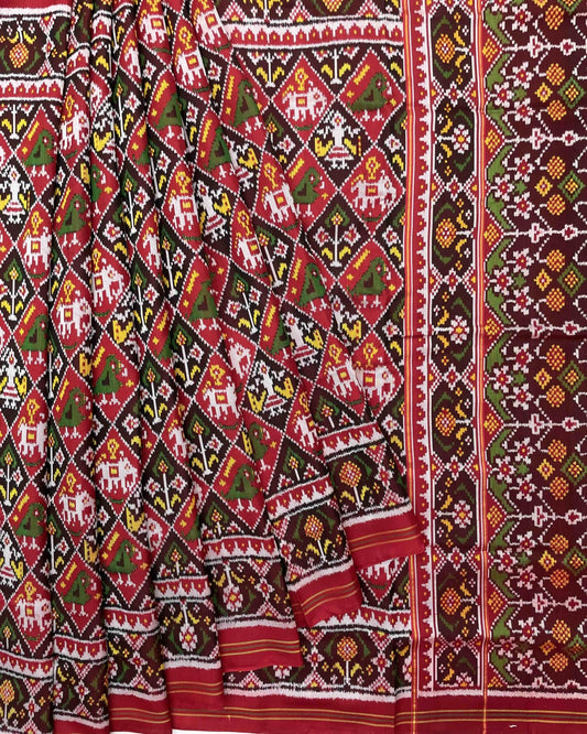 Red Small Figure Narikunj Twill Patola Saree - SindhoiPatolaArt