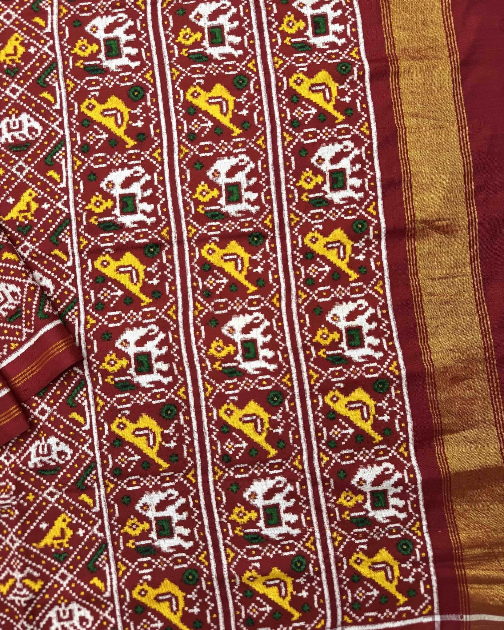 Red Small Narikunj Double Ikat Patola Saree - SindhoiPatolaArt