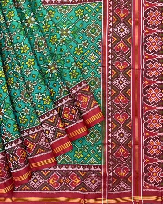 Red & Truquoise Green Navratan Patola Saree - SindhoiPatolaArt