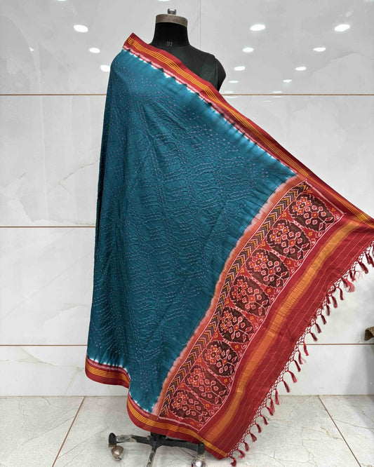 Red & Turquoise Bandhani Patola Dupatta - SindhoiPatolaArt