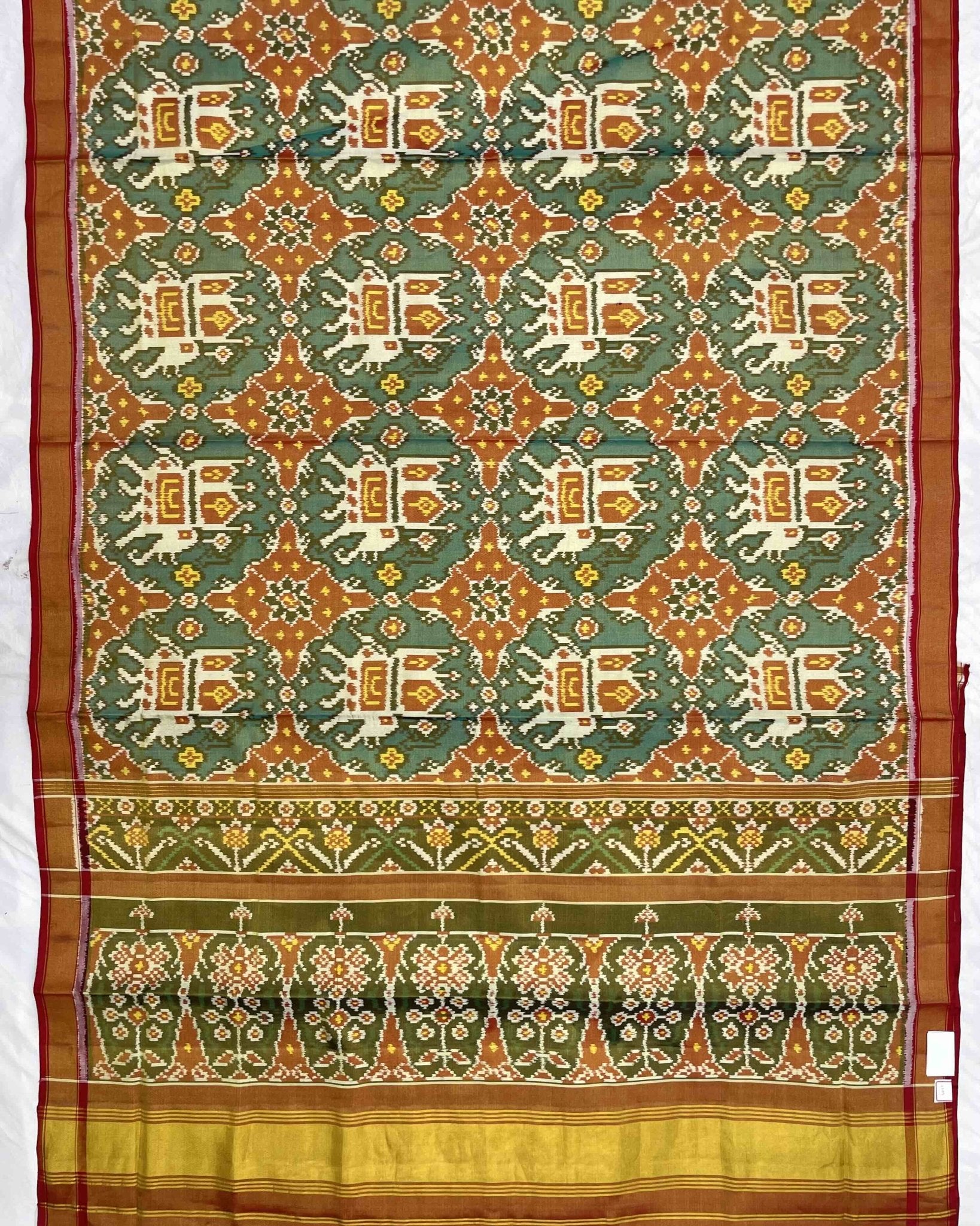 Red & Turquoise Big Figure Elephant Chhabdi Patola Saree - SindhoiPatolaArt