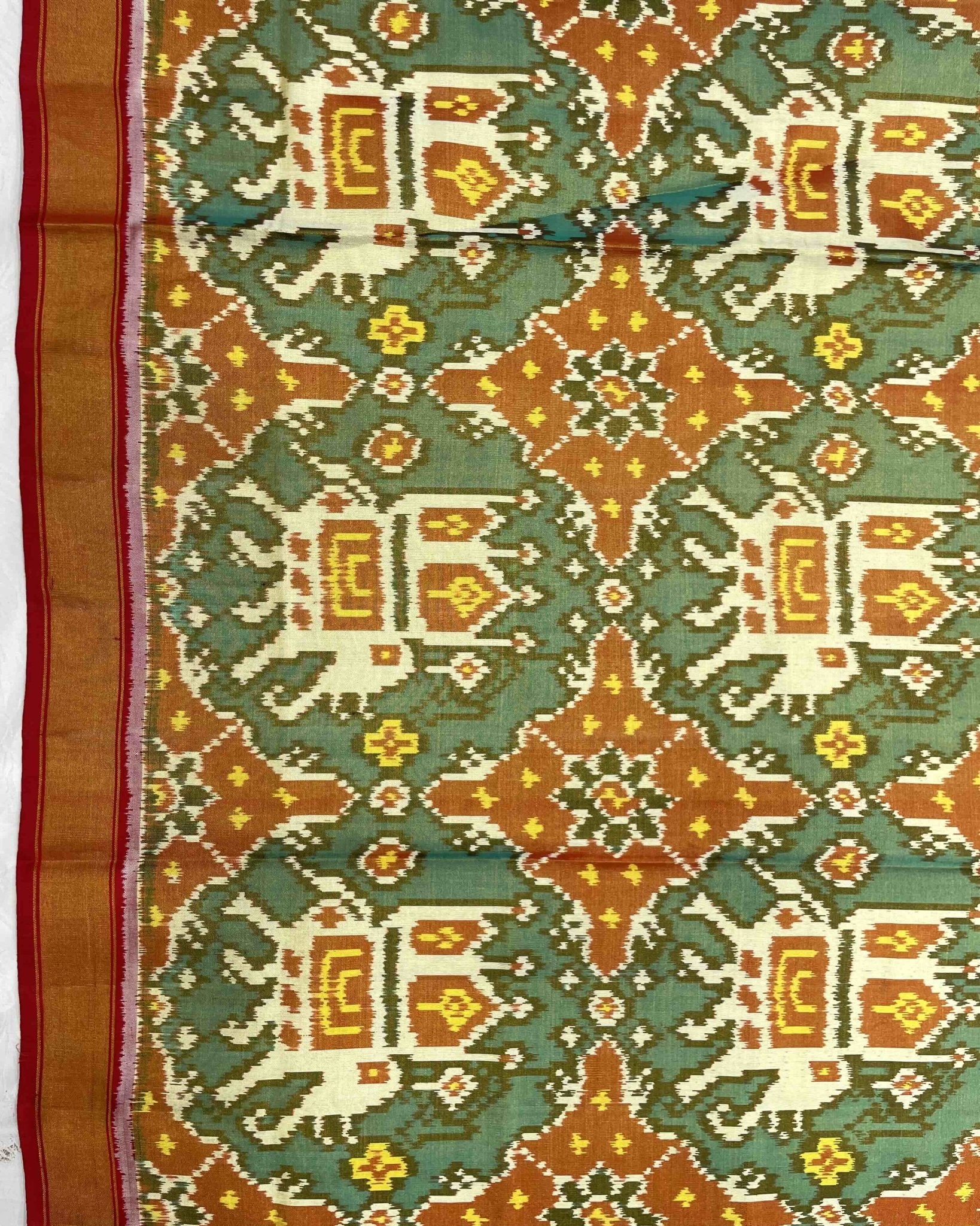 Red & Turquoise Big Figure Elephant Chhabdi Patola Saree - SindhoiPatolaArt