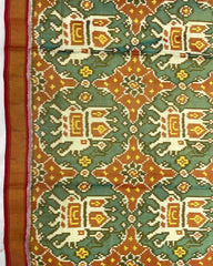 Red & Turquoise Big Figure Elephant Chhabdi Patola Saree - SindhoiPatolaArt