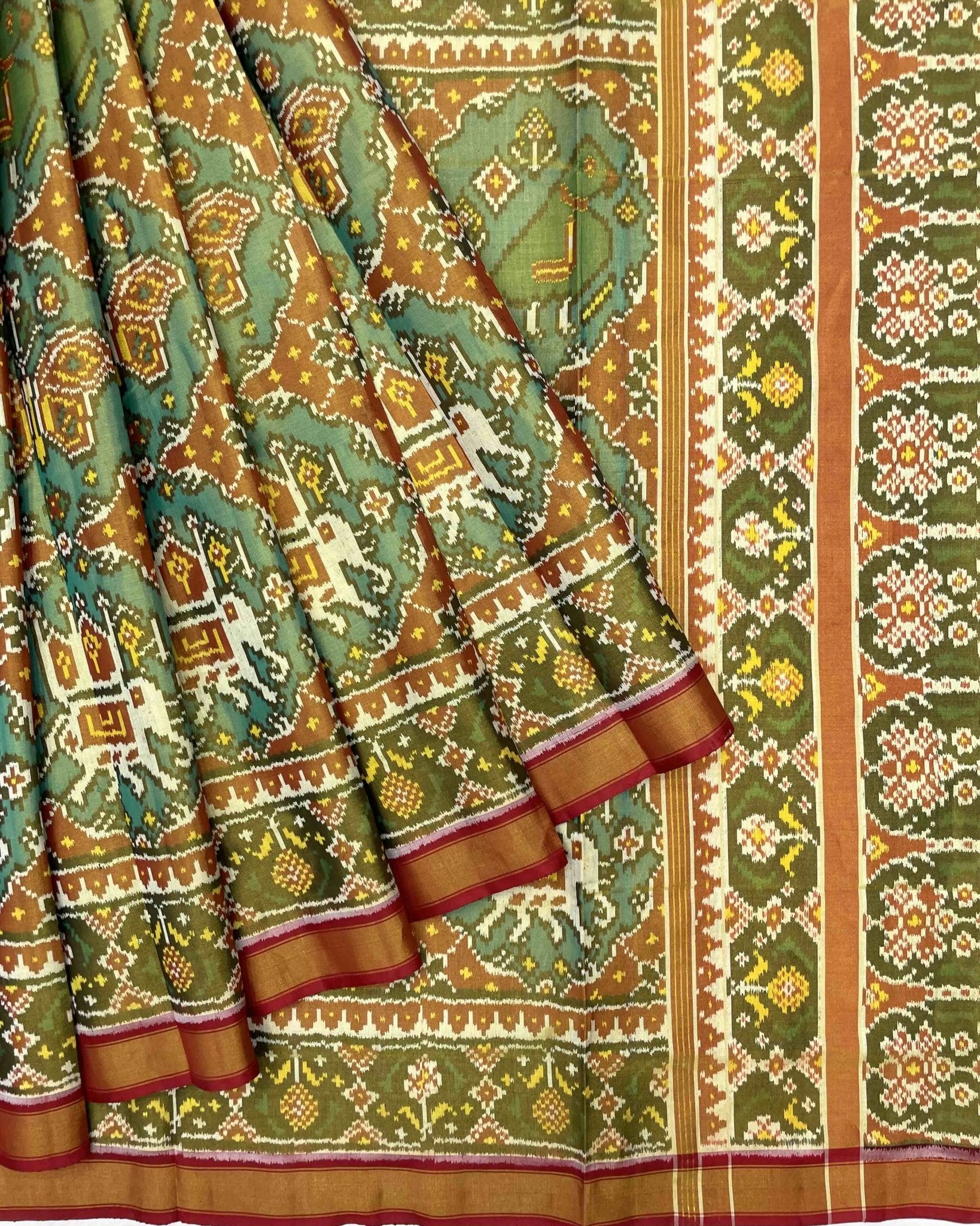 Red & Turquoise Big Figure Narikunj Tissue Patola Saree - SindhoiPatolaArt