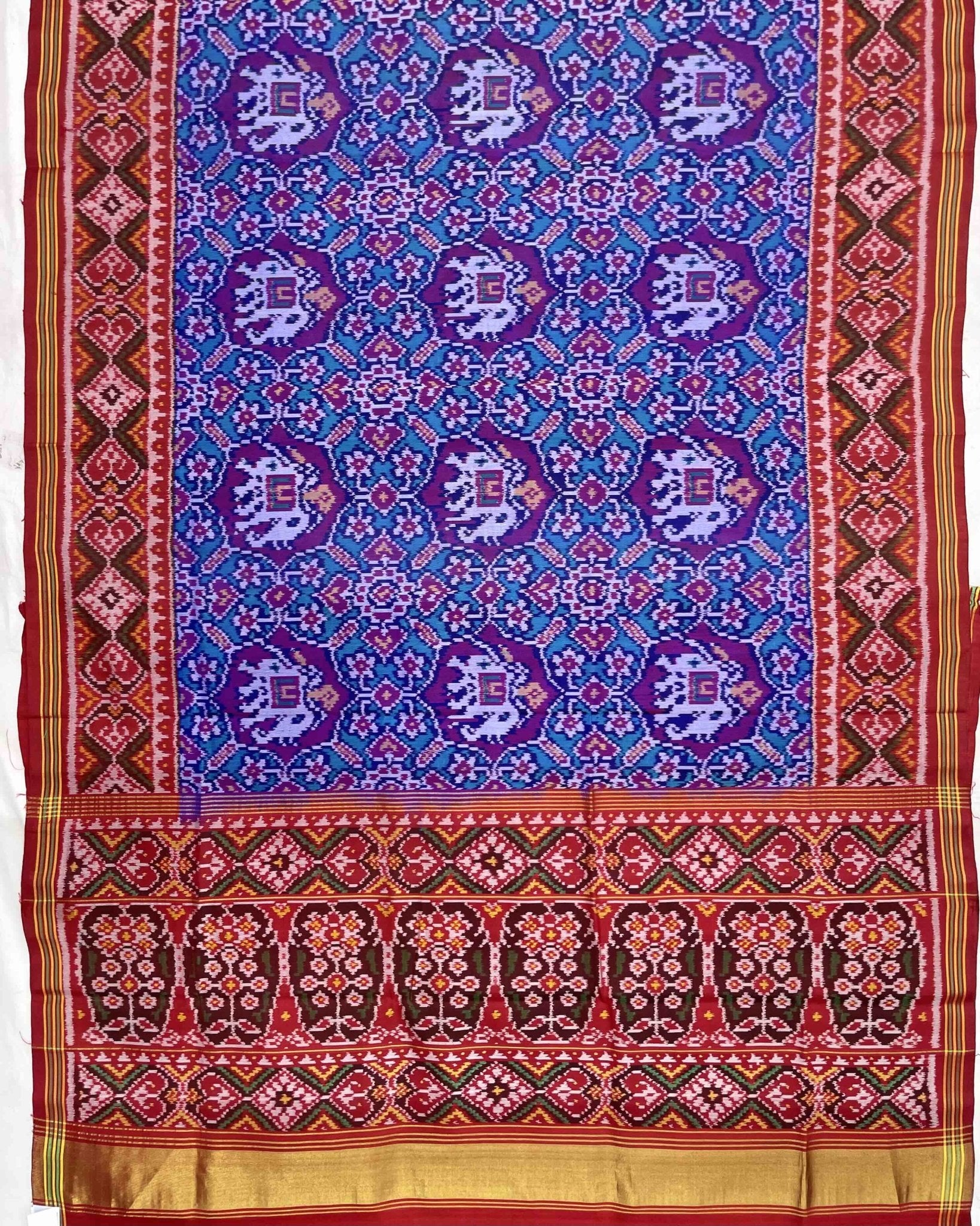 Red & Turquoise Elephant Manekchowk Designer Patola Saree - SindhoiPatolaArt