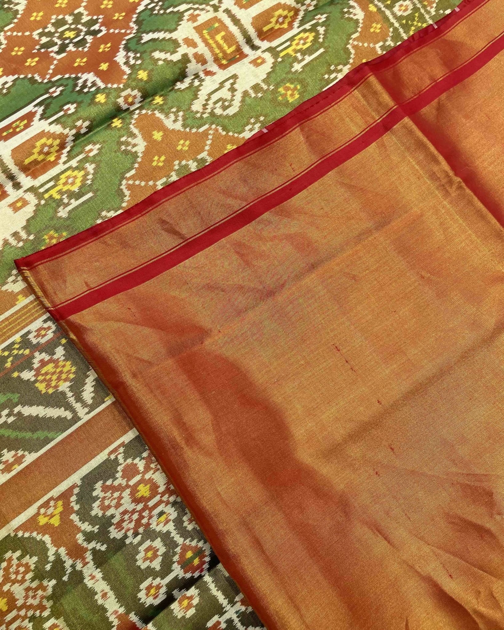 Red & Turquoise Green Big Figure Narikunj Tissue Patola Saree - SindhoiPatolaArt