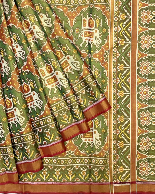 Red & Turquoise Green Big Figure Narikunj Tissue Patola Saree - SindhoiPatolaArt