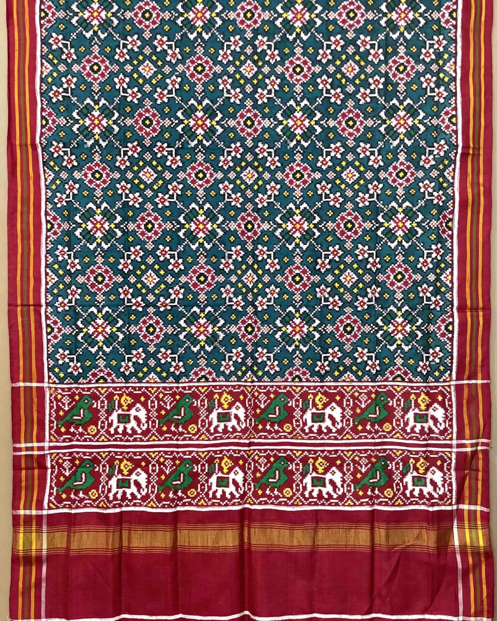 Red & Turquoise Navratan Designer Patola Dupatta - SindhoiPatolaArt