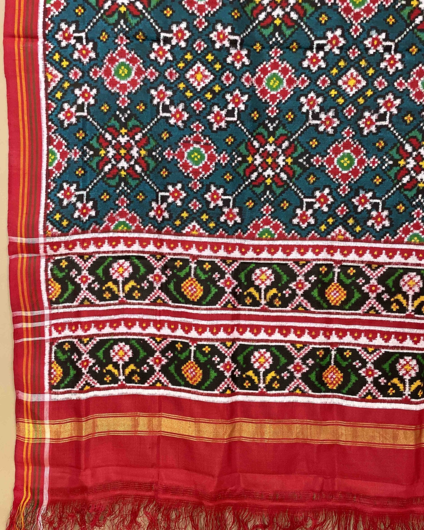 Red & Turquoise Navratan Designer Patola Dupatta - SindhoiPatolaArt