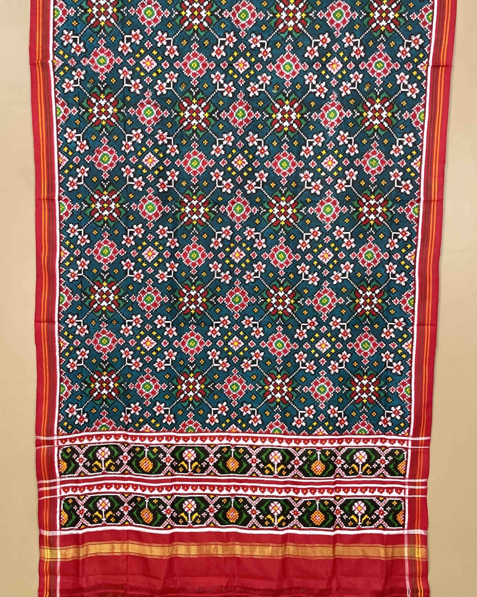 Red & Turquoise Navratan Designer Patola Dupatta - SindhoiPatolaArt
