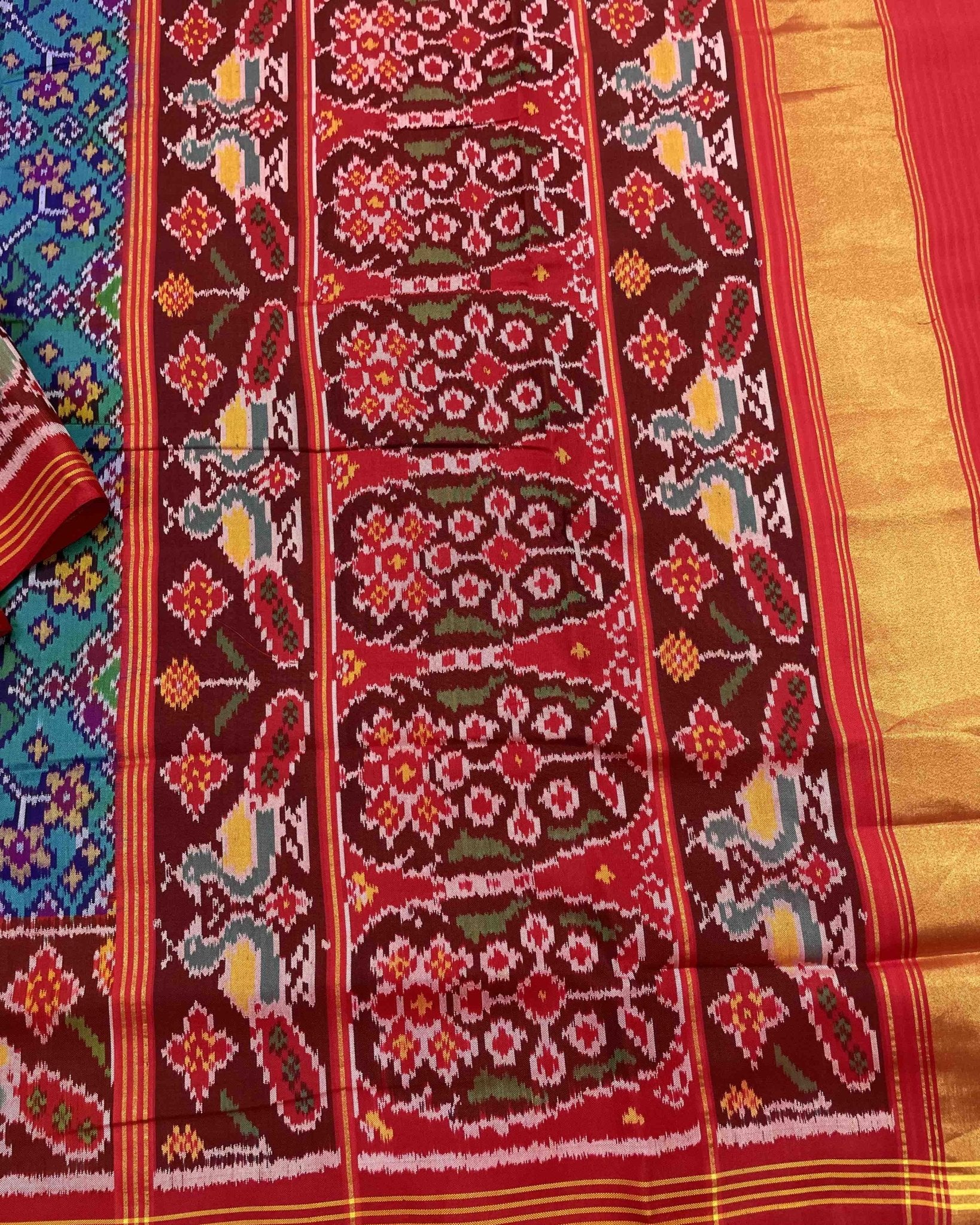 Red & Turquoise Navratan Designer Patola Saree - SindhoiPatolaArt