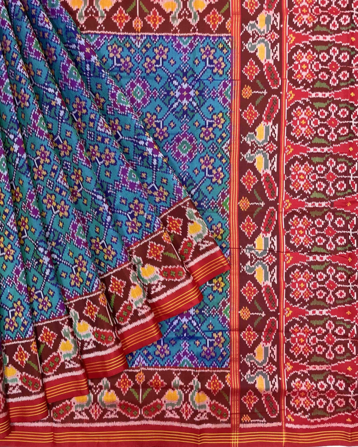 Red & Turquoise Navratan Designer Patola Saree - SindhoiPatolaArt