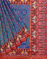 Red & Turquoise Navratan Designer Patola Saree - SindhoiPatolaArt
