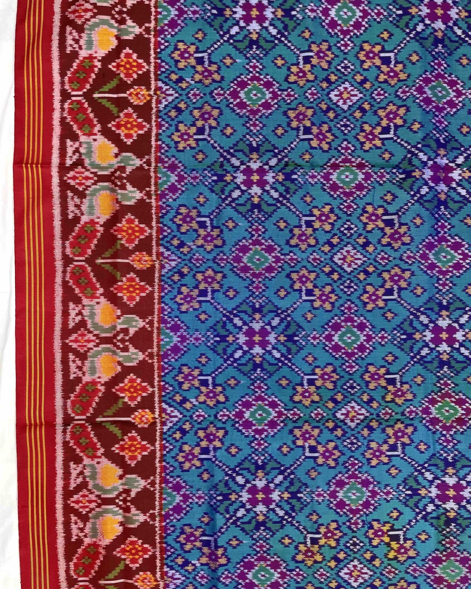 Red & Turquoise Navratan Designer Patola Saree - SindhoiPatolaArt