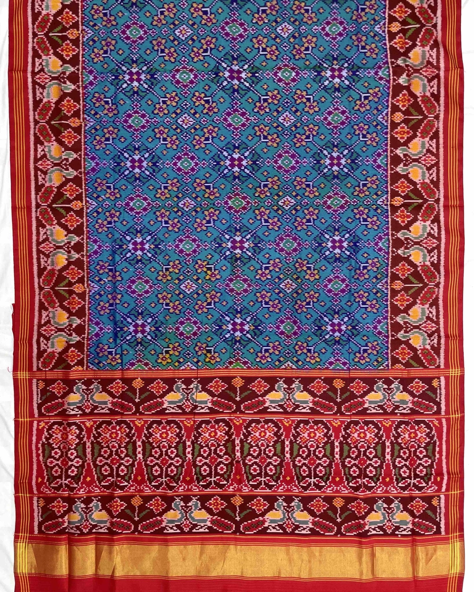 Red & Turquoise Navratan Designer Patola Saree - SindhoiPatolaArt