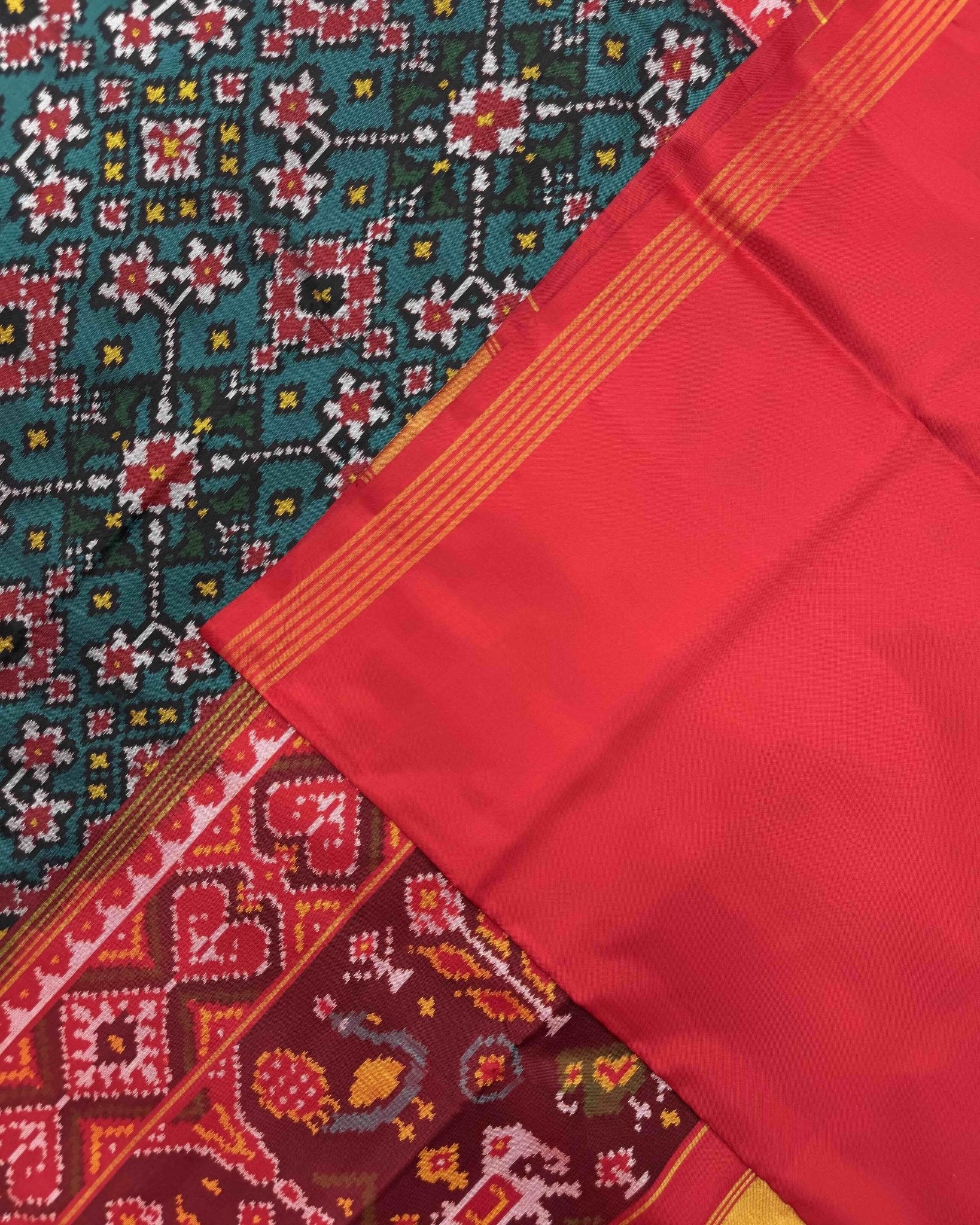 Red & Turquoise Navratan Semi Double Ikat Patola Saree - SindhoiPatolaArt