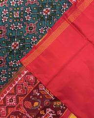 Red & Turquoise Navratan Semi Double Ikat Patola Saree - SindhoiPatolaArt