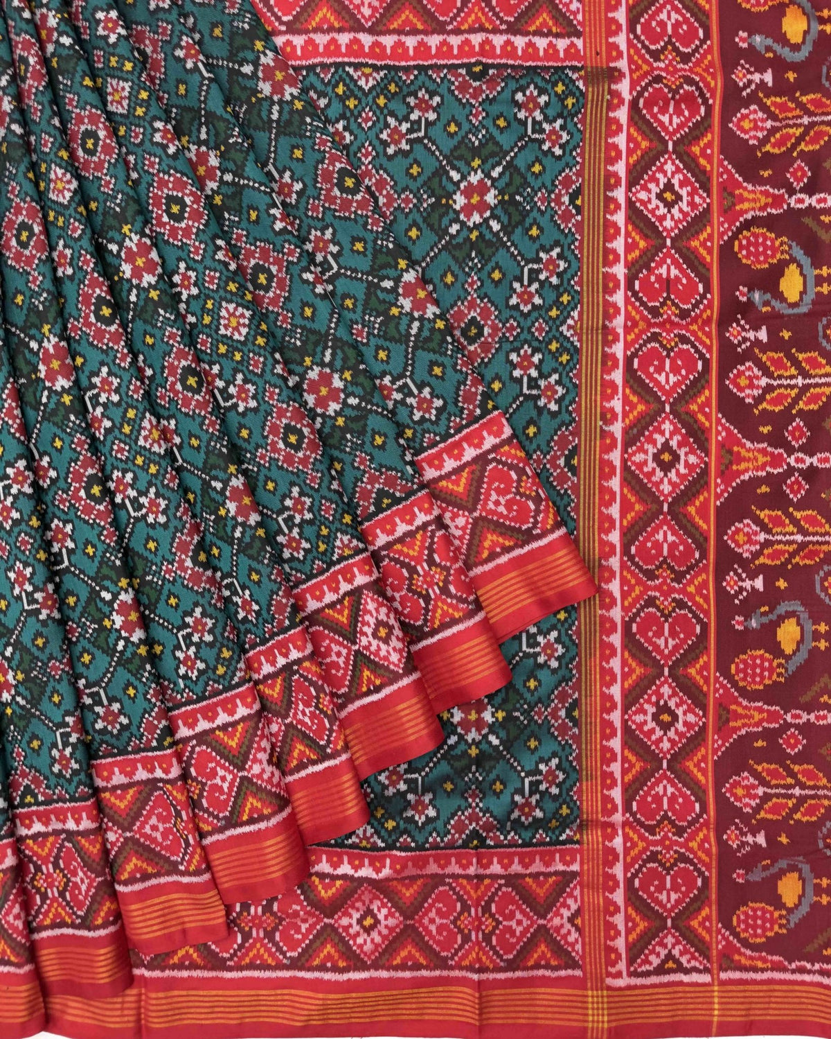 Red & Turquoise Navratan Semi Double Ikat Patola Saree - SindhoiPatolaArt