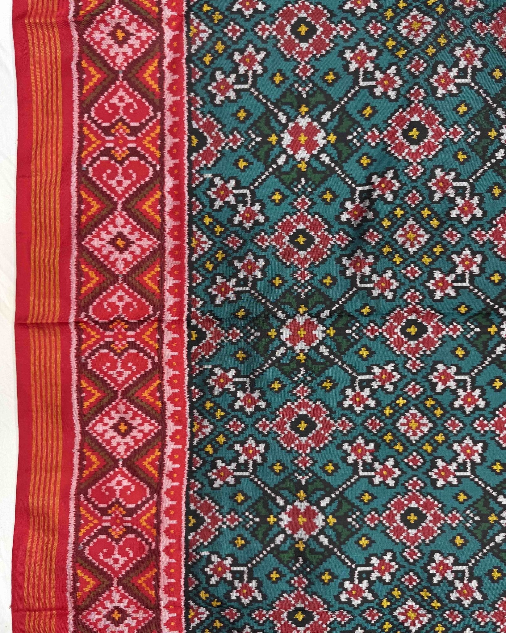Red & Turquoise Navratan Semi Double Ikat Patola Saree - SindhoiPatolaArt