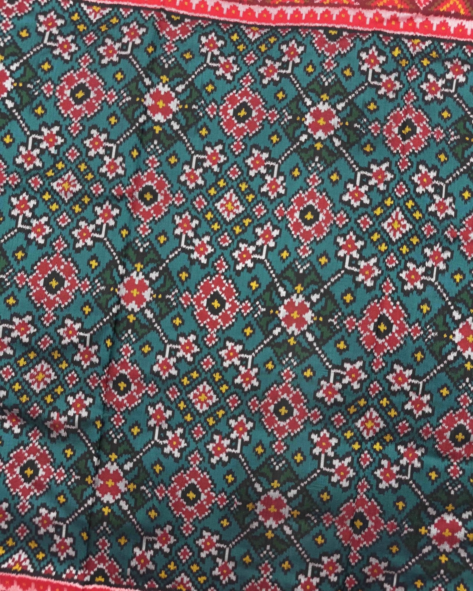 Red & Turquoise Navratan Semi Double Ikat Patola Saree - SindhoiPatolaArt