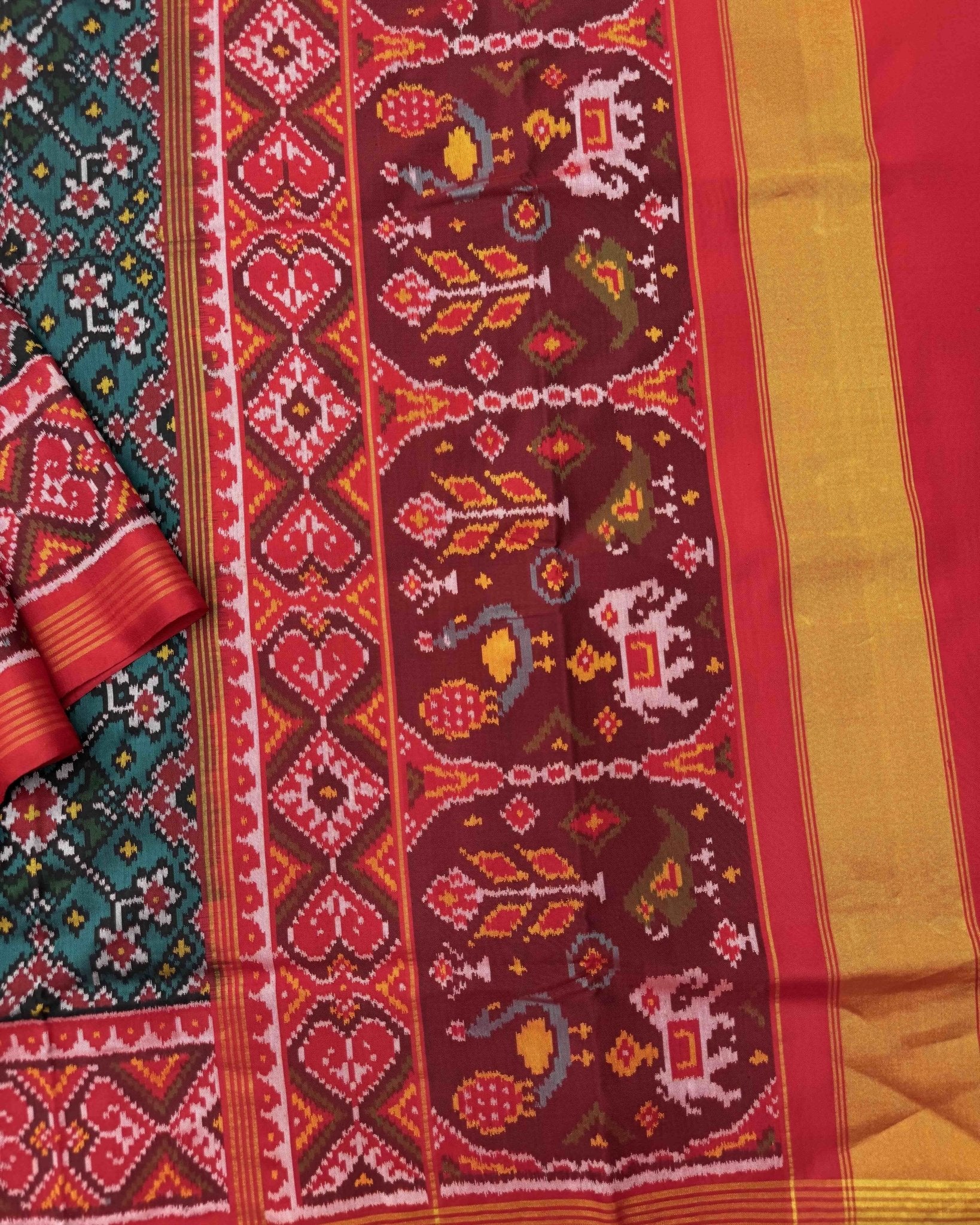 Red & Turquoise Navratan Semi Double Ikat Patola Saree - SindhoiPatolaArt