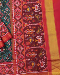 Red & Turquoise Navratan Semi Double Ikat Patola Saree - SindhoiPatolaArt