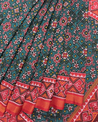 Red & Turquoise Navratan Semi Double Ikat Patola Saree - SindhoiPatolaArt