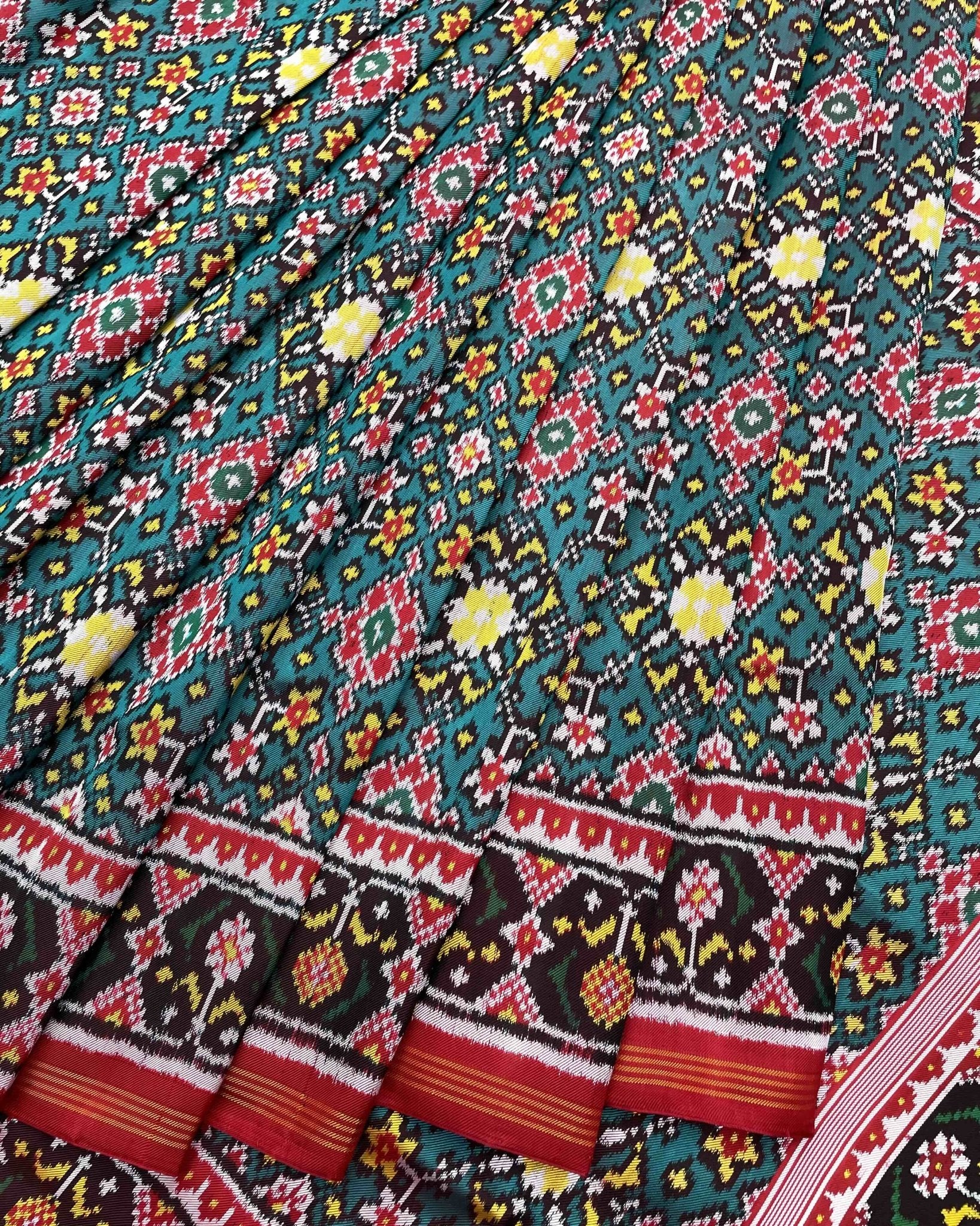 Red & Turquoise Navratan Twill Patola Saree - SindhoiPatolaArt
