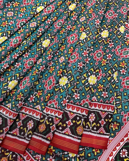 Red & Turquoise Navratan Twill Patola Saree - SindhoiPatolaArt