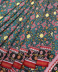 Red & Turquoise Navratan Twill Patola Saree - SindhoiPatolaArt