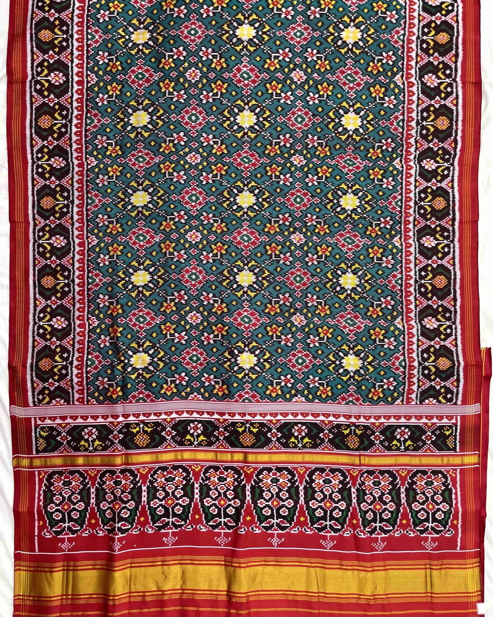 Red & Turquoise Navratan Twill Patola Saree - SindhoiPatolaArt