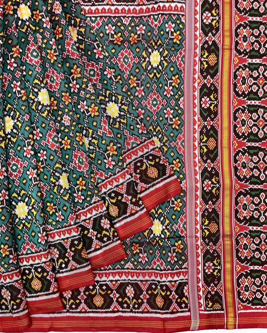 Red & Turquoise Navratan Twill Patola Saree - SindhoiPatolaArt