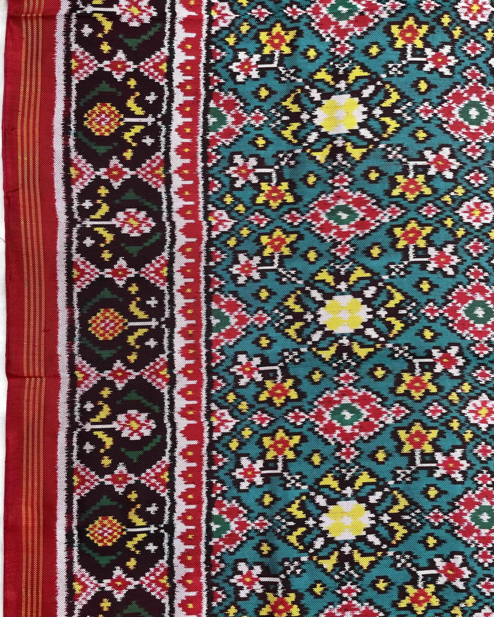 Red & Turquoise Navratan Twill Patola Saree - SindhoiPatolaArt