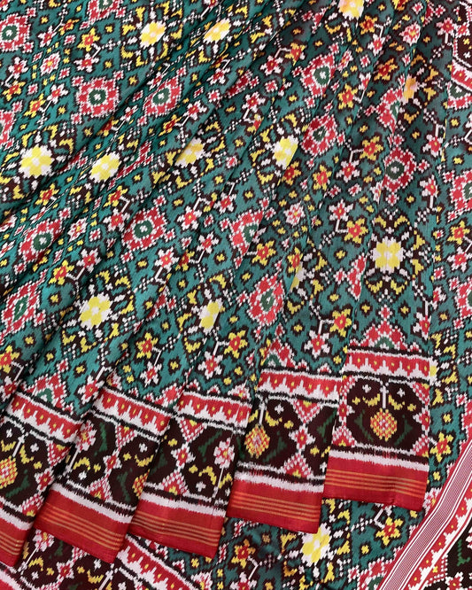 Red & Turquoise Navratan Twill Patola Saree - SindhoiPatolaArt